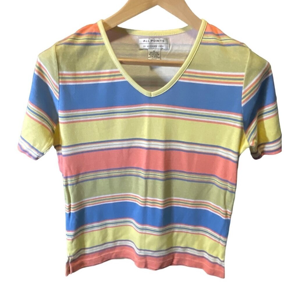 All Points Reference Point Multicolor Striped Short Sleeve V Neck Top SZ Medium